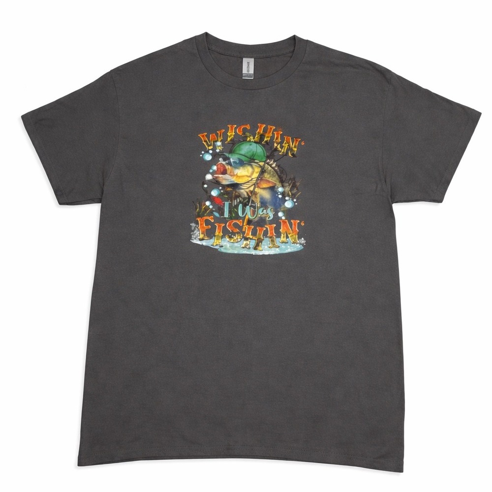 Gildan Wishin I Was‎ Fishin Graphic T-Shirt Charcoal Grey Large Heavy Cotton - Picture 2 of 8